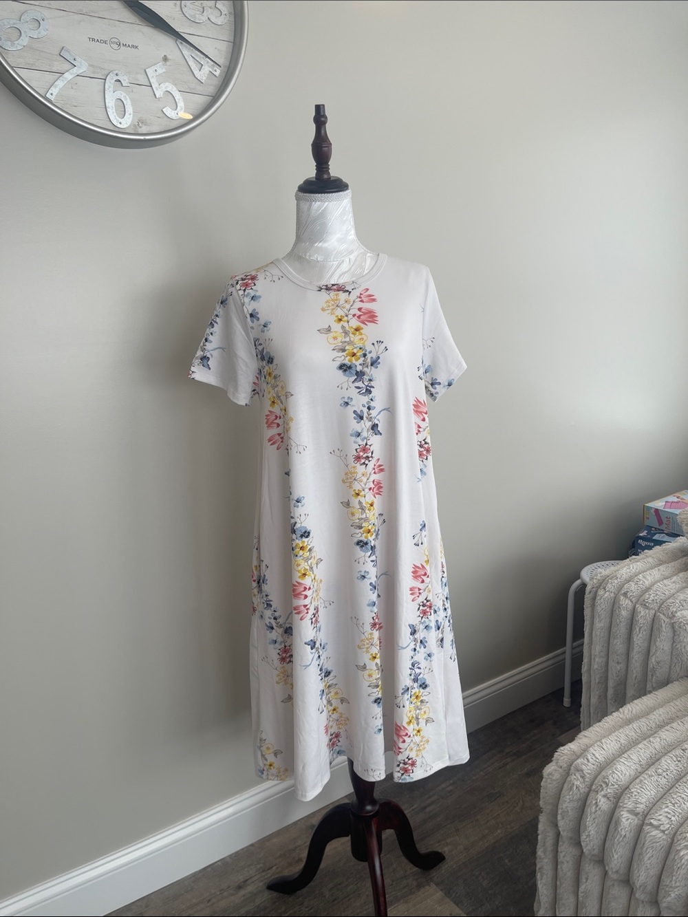LuLaRoe White Floral Midi Dress with Blue, Yellow & Pink Accents
